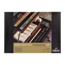 Rembrandt Professional Watercolour Paint, Wood Box Professional Set, 28 Half Pans + 7 Accessories, General colour Selection