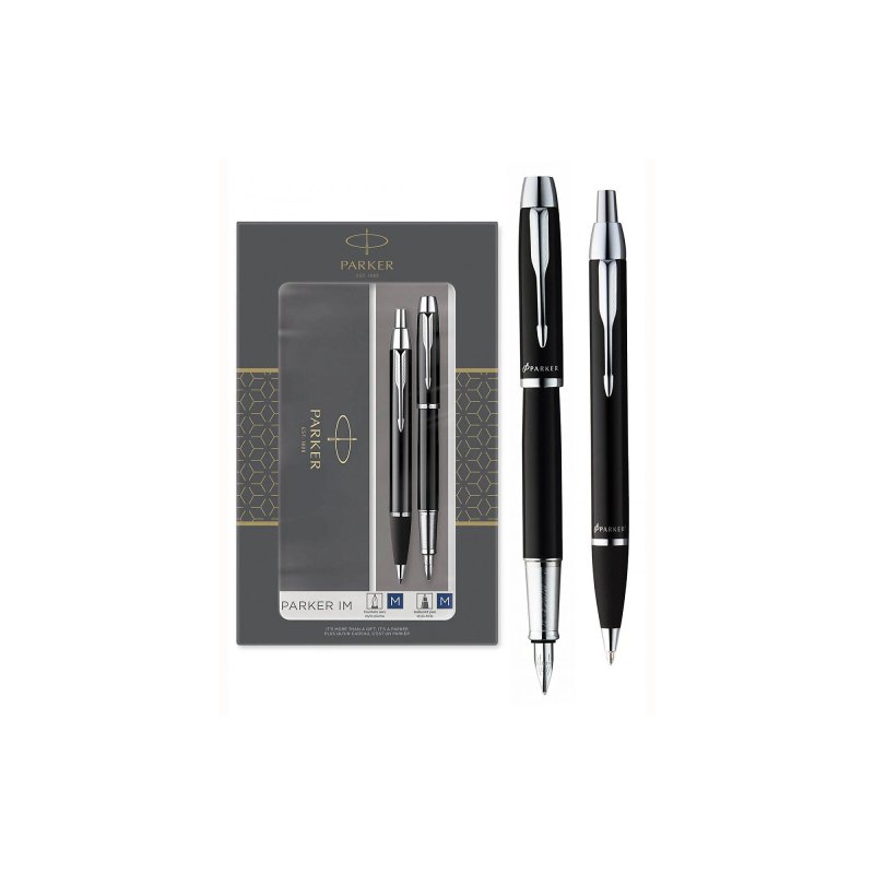 Parker Im Black Chrome Trim Ballpoint & Fountain Pen Set