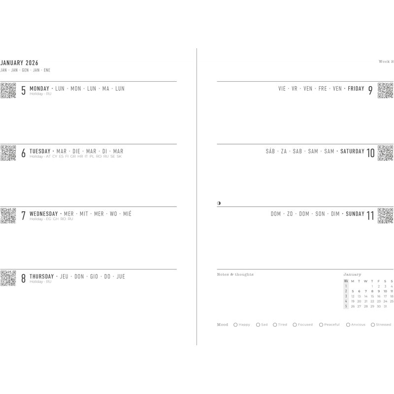 Week In View Serene A6 Week to View Diary 2026 - Multilanguage