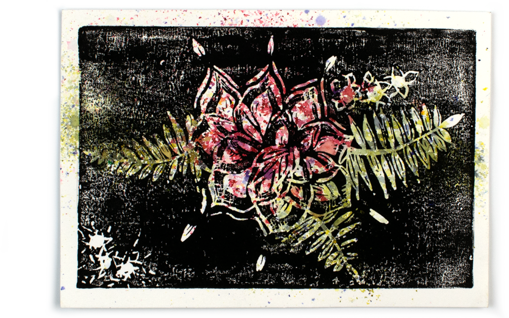 lino print brusho flower effect